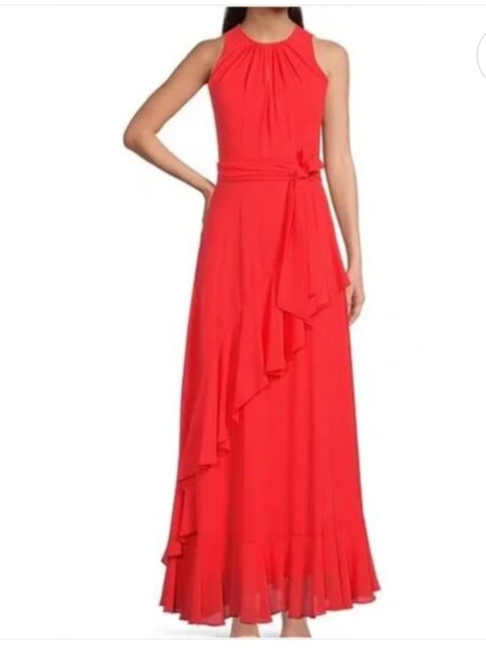 Alex Marie Sleeveless Ruffle Maxi Dress with Waist Tie-Coral